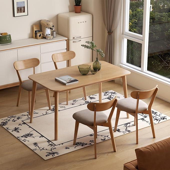 100% Solid Oak Dining Chairs, Mid Century Modern Dining Chair with Curved Backrest, Fabric Upholstered Dining Chairs for Kitchen, Study, Living Room (1, Original Wood-Gray Cushion)