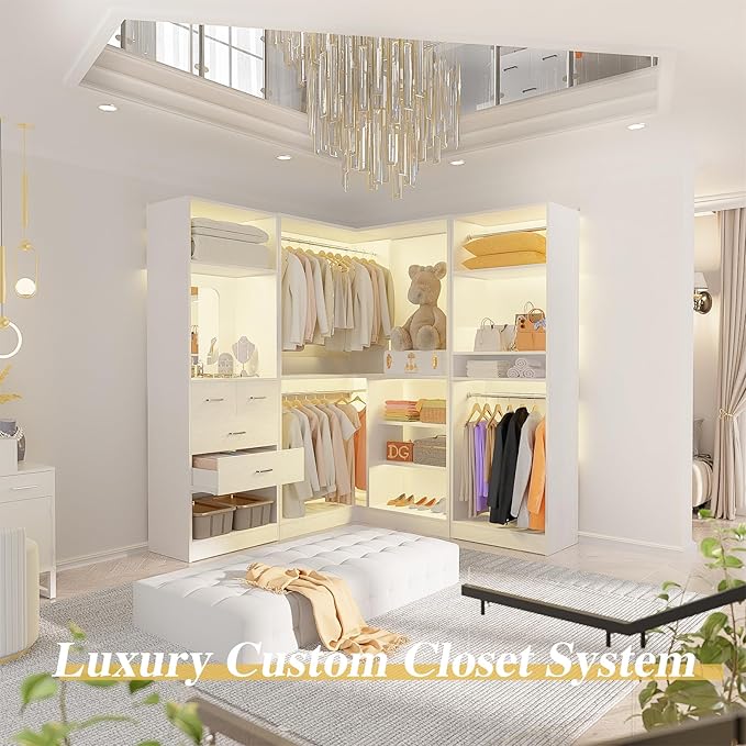 Unikito 86” Closet System, Large Corner Closets Organizer with Hanging Rods and Mirror Design, Freestanding Adjustable Wood Clothes Garment Rack with Drawers, Sturdy Walk in Closet Tower, White