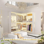 Unikito 86” Closet System, Large Corner Closets Organizer with Hanging Rods and Mirror Design, Freestanding Adjustable Wood Clothes Garment Rack with Drawers, Sturdy Walk in Closet Tower, White
