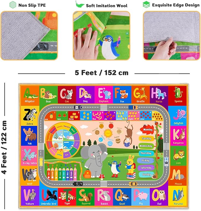Kids Educational Rug 4' x 5', Kids Collection Area Rugs for Learning ABC Alphabet, Numbers, Colors, Animal Words and Season, Washable Playmat for Playroom Classroom Children Girls Boys Room