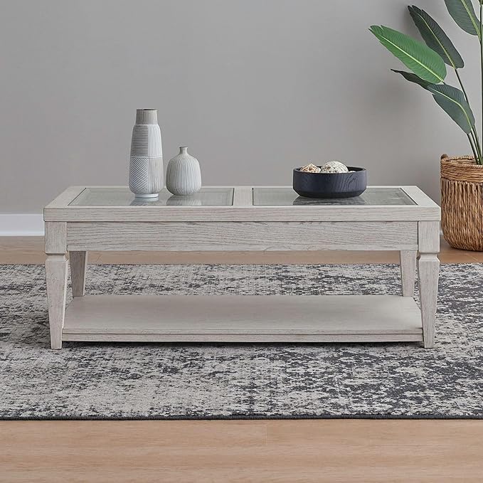 Liberty Furniture Caruso Heights Cocktail Table with Glass Top, Wheeled - Whitestone Oak Wood