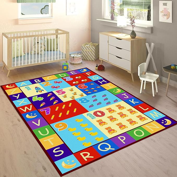 ABC Alphabet & Numbers Learning Rug 3x5ft - Non-Slip Washable Play Mat for Toddlers 1-3, Baby Nursery & Preschool Classroom Carpet, Soft Educational Area Rug