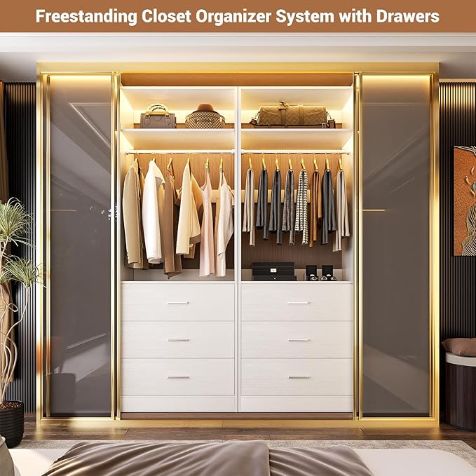 Closet System Set of 4, 8FT Closet Systems with 12 Wood Drawers, 96" Closet Organizer System with 4 Hanging Rods & 4 Shelves, Heavy Duty 96 Inch Walk-in Closet, White (96"L x 15" W x 80" H)