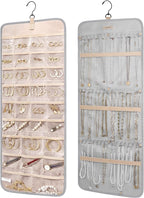 BAGSMART Hanging Jewelry Organizer Storage Roll with Hanger Metal Hooks Double-Sided Jewelry Holder for Earrings, Necklaces, Rings on Closet, Wall, Door, 1 piece, Large, Grey