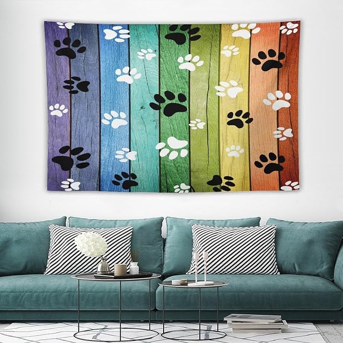 VUMIVI Dog Paw Tapestry Vintage Rustic Colorful Barn Boards Black White Animal Footprints Tapestry Wall Hanging for Living Room Bedroom Dorm Classroom Aesthetic Decor W60xL40in