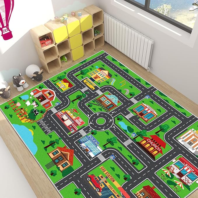 Kids Carpet Car Play Rug, City Life Traffic Road Kids Rug Playmat,Non Slip Children Educational Game Car Mat Area Rug for Playroom Baby Toddler Boys Bedroom Classroom (78.7X59 INCH, Style 1)