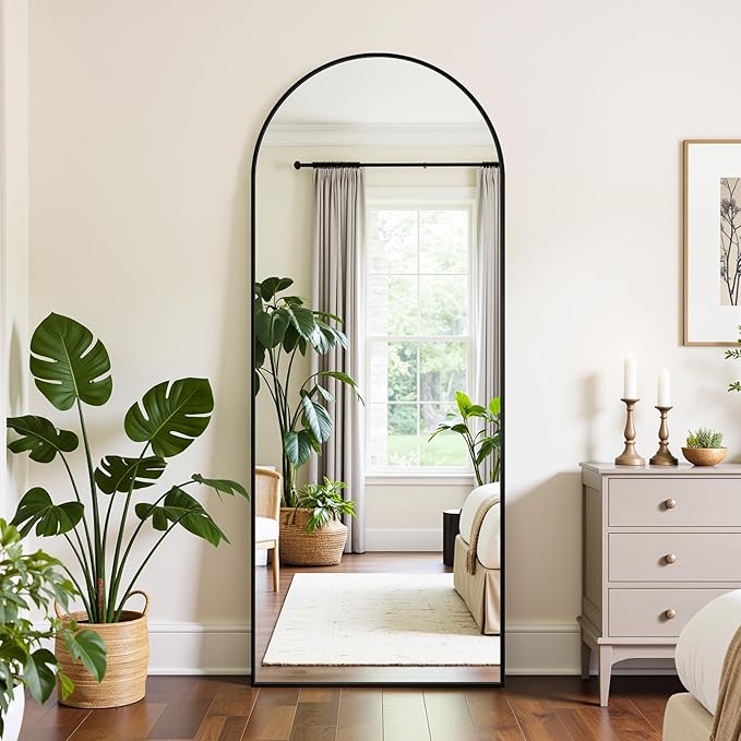 Full Length Mirror, 59"x18" Oversized Floor Mirror Freestanding, Full Body Mirror Floor Standing Mirrors with Stand, Hanging Mounted Mirrors for Bedroom Living Room, Black, Arched Style
