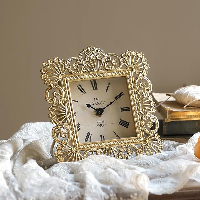 NIKKY HOME Gold Table Clock, Shabby Chic Decorative Desk Clock, Vintage Desk Clocks Non-Ticking Battery Operated for Living Room Bathroom