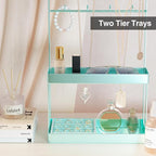 Lolalet 4-Tier Jewelry Organizer Stand with 12 Hooks, Necklace Bracelet Ring & Sunglasses Holder, Cute Metal Jewelry Storage Rack for Vanity, Dresser or Entryway, No Assembly -Light Blue