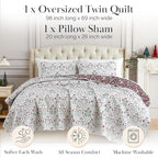 Southshore Fine Living, Inc. Christmas Bedding, Twin Quilt Set with Pillow Sham, Reversible Christmas Quilt with Holly, Snowflakes, Reindeer, 2-Sided Coverlet, Twin/Twin XL - Vintage Red & Cream