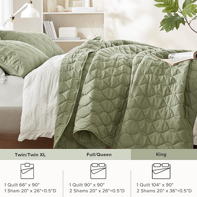 Comfort Spaces King Quilt Set Modern Reversible Ogee Coverlet King Bedding Set Cozy Quilted Winter Layer, All Season Lightweight Soft King Size Quilt, Kienna, Cal King Olive Green 3 Piece