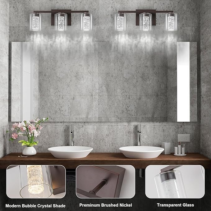 SineRise 3-Light Bronze Vanity Light with 3 Color Modes (3000K/4000K/6000K), Eye Protection LED Bathroom Light Fixture, Dimmable Modern Wall Light Over Mirror with Clear Glass Shade
