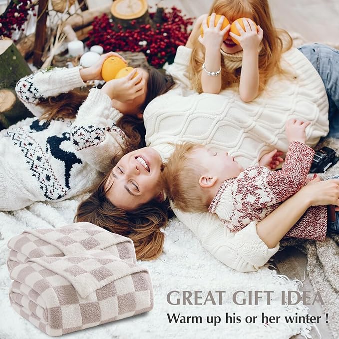 Checkered Throw Blanket, Taupe Soft Cozy Fluffy Warm Throw Blankets for Couch, Sofa, Chair, Bed, Camping, Picnic, Office,Travel Lightweight Bed Blanket - 50"*70"