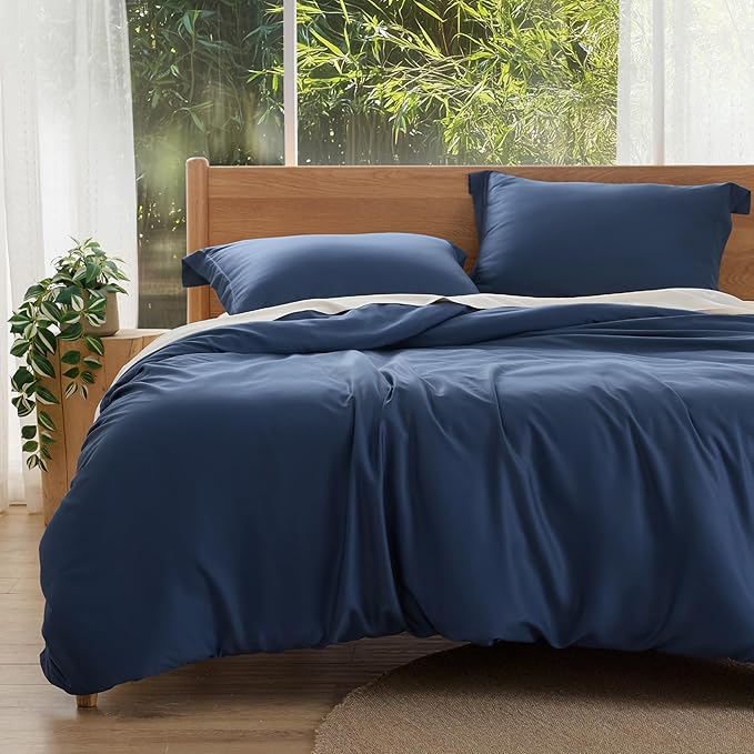 Bedsure 100% Rayon Derived from Bamboo Duvet Cover Queen Size - Lightweight Silky Cooling Comforter Cover Set for Hot Sleepers, Breathable & Moisture-Wicking Bedding Set, Navy