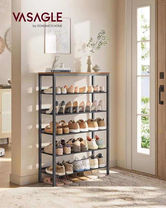 VASAGLE Shoe Rack for Entryway, 6-Tier Shoe Rack Organizer with Storage Shelves and Spacious Top, Freestanding, Adjustable, Industrial, Rustic Brown and Ink Black ULBS044KD01