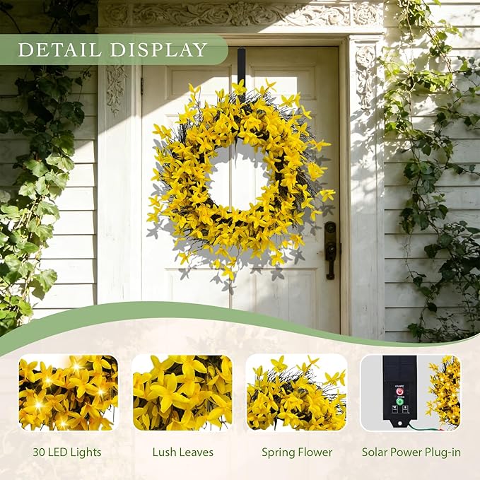 Solar Spring Wreath 24 inch Wreath for Front Door Artificial Pre-lit 50LED Summe Spring Decorations for Outside Yellow Forsythia Flower Home Decor for Wall Festival Holiday Decor(2404)
