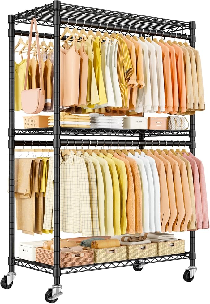 P5 Plus Rolling Clothes Rack Heavy Duty, Clothing Racks for Hanging Clothes, Metal Garment Rack with Wheels, 3-Tier Portable Closet Rack 45'' W × 20.5'' D × 80.5'' H, Max Load 660 Lbs, Black