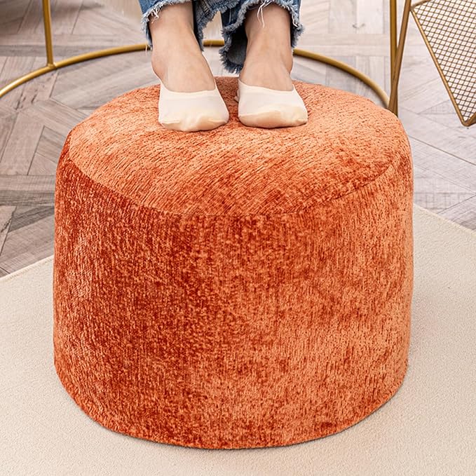 Round Boucle Pouf Ottoman Modern Foam Filled Foot Rest Multifunctional Foot Rest Coffee Table Floor Pouf Seat for Living Room Bedroom Orange