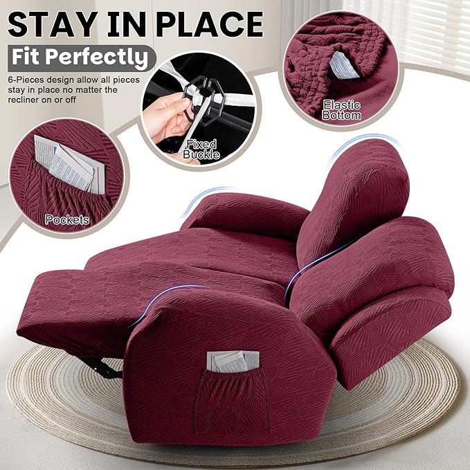 VANSOFY Recliner Loveseat Cover, 6-Pieces Stretch Dual Recliner Sofa Cover Soft Jacquard Reclining Couch Slipcover Furniture Protector with Elastic Bottom for Kid, Pets(2 Seat,Wine)