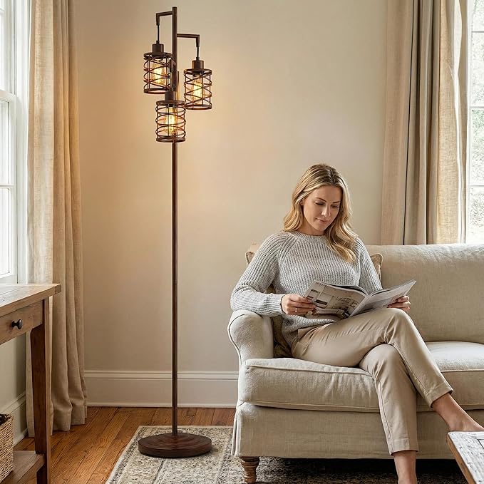 Oneach 70" Industrial Floor Lamp, Stepless Dimmable Standing Lamp with 3 Bulbs, Farmhouse Corner Standing Tree Lamp for Living Room, Tall Lamps for Bedroom, Office, Study Room, Dining Room