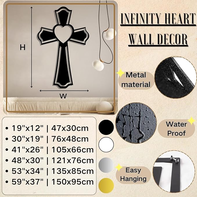 Metal Cross for Wall, Crosses Wall Decor, Cross Heart Metal Wall Art, Christian Wall Decor, Christian Cross Wall Decor, Religious Wall Decor, Faith Wall Decor, Spiritual Wall Decor (Silver, 19"x12" | 47x30cm, metal wall art)