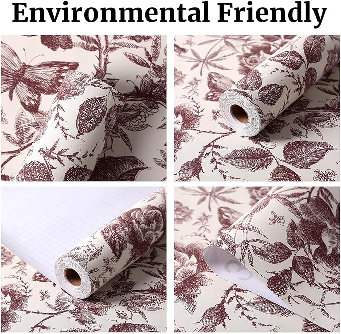 Drawers Liner Contact Paper for Dresser Peel and Stick Wallpaper Sketched Design 15.7x196.8in Self Adhesive Removable Red Maroon Rose Floral Butterfly Vintage Cabinet Shelf Renter Friendly