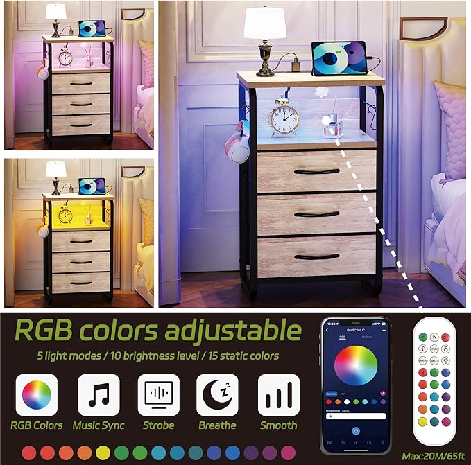 Night Stand Set 2 with LED Lights, Nightstands with Power Outlets and Type C Port, Large End Tables with 3 Fabric Drawers, Matching Bedside Table with Storage for Dorm, Living Room, Greige