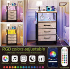 Night Stand Set 2 with LED Lights, Nightstands with Power Outlets and Type C Port, Large End Tables with 3 Fabric Drawers, Matching Bedside Table with Storage for Dorm, Living Room, Greige