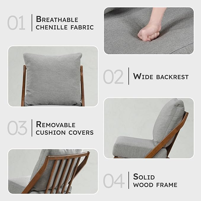 Lexicon Modern Accent Chair, Pascal Brown Solid Rubberwood Frame, Woven Chenille Upholstered Armless Chair with Reversible Cushions and Removable Covers, for Living Room, Bedroom and Office, Grey