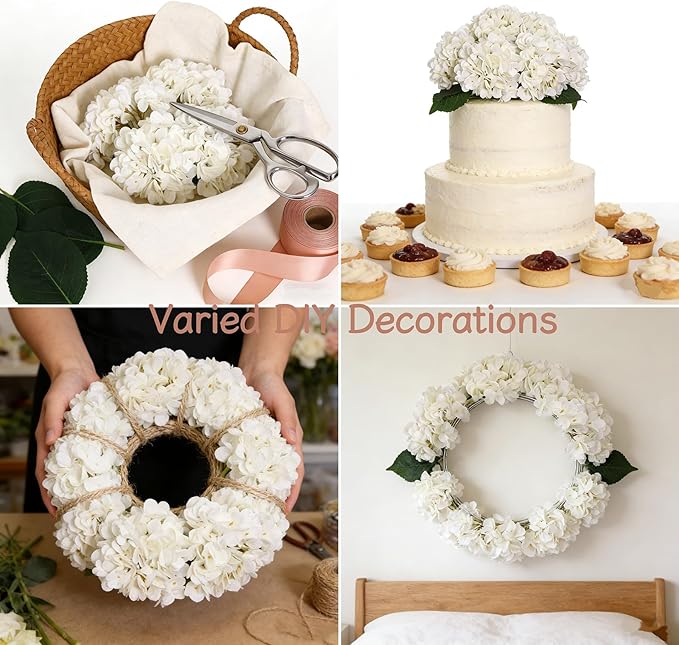 Kimura's Cabin 6pcs Faux White Hydrangeas Fake Flowers Artificial Silk Hydrangea Flower With Stems Bouquets Arrangement for Home Table Centerpieces Wedding Baby Shower Birthday Party Decoration(White)