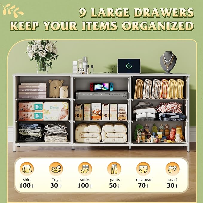 WLIVE 63''W Dresser for Bedroom, White Dresser TV Stand for 65, 70, 75 inch TV, Wide Chest of Drawers with 9 Drawer, Large Entertainment Center, Fabric Dressers with Wood Top for Closet, Living Room