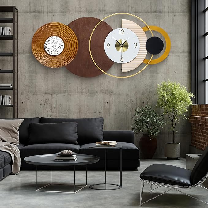 47.2x22.8 inch Large Mid Century Wall Clock for Living Room, Metal & Wood Modern Brown Decorative Clocks Silent Battery Operated for Home, Office, Bedroom, Dining