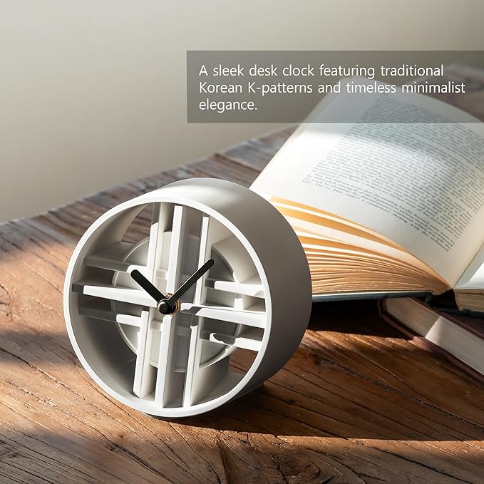 AonT Design Modern Desk Clock (Korean Lattice Pattern) Silent Analog Minimalist – Made in Korea Decorative Shelf Clock for Table and Living Room Decor (Grey)