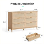 LINSY Rattan 6 Drawer Dresser for Bedroom, 54" Wide Mid-Century Modern Tall Chest of Drawers, Deep Storage Dresser with Curved Corner Design, Large Accent Wood Cabinet for Bedroom, Oak
