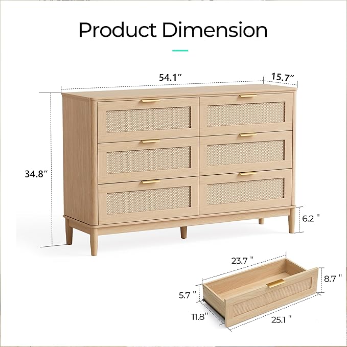 LINSY HOME Rattan Dresser with 6 Deep Drawers, 47" Wide Long Chest of Drawers, Mid Century Modern Tall Dresser, Large Wood Boho Storage Cabinet for Bedroom with Metal Handle and Durable Legs, Oak