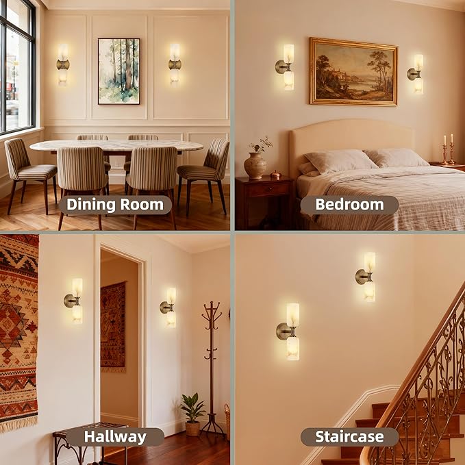 14.4in Gold Alabaster Wall Sconces Set of 2, Modern Brass Bathroom Sconce Light, Spanish Marble Wall Lamp, Hardwired LED Wall Lighting for Bedroom Living Room Staircase Hallway Dining Room