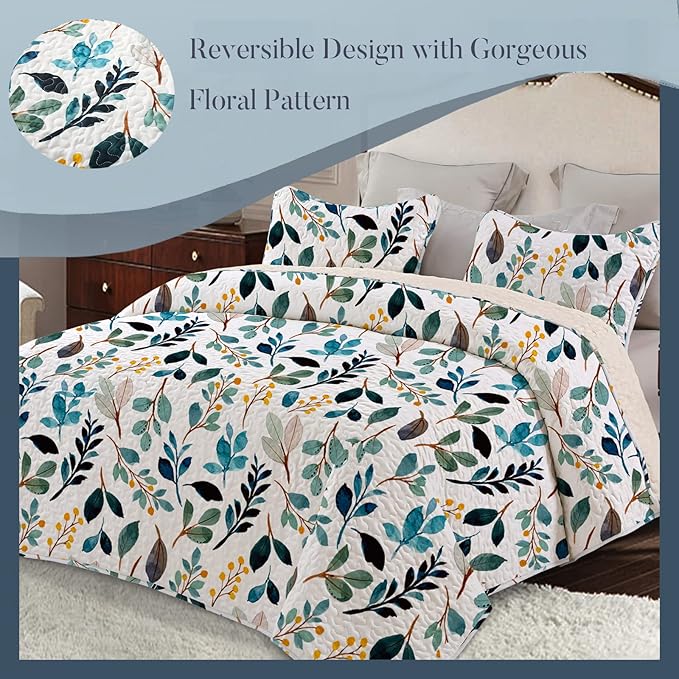 Whale Flotilla Reversible Printed Quilts Queen Size, Extra Soft Boho Floral Leaf Bedspreads for Bed Lightweight Full Queen Quilt Bedding Set Coverlets with 2 Pillow Shams for All Seasons, White Green