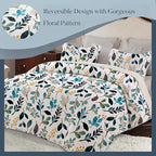 Whale Flotilla Reversible Printed Quilts Queen Size, Extra Soft Boho Floral Leaf Bedspreads for Bed Lightweight Full Queen Quilt Bedding Set Coverlets with 2 Pillow Shams for All Seasons, White Green