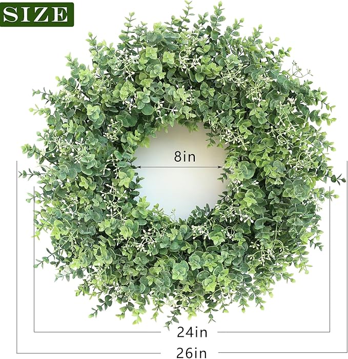 26'' Eucalyptus Wreath for Front Door - Large Artificial Eucalyptus Leaves with White Seeds Greenery Outdoor Wreath for Porch,Window,Farmhouse,Home,Hanging Decor- Spring, Summer, All Seasons (Green) ﻿