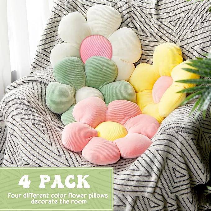 Reginary 4 Pcs Flower Floor Pillows Cute Plush Flower Throw Pillows Daisy Floor Seat Cushion Chair Pads for Back to School First Day of School for Sofa Couch Bed Decor(15 Inch,Light Color)
