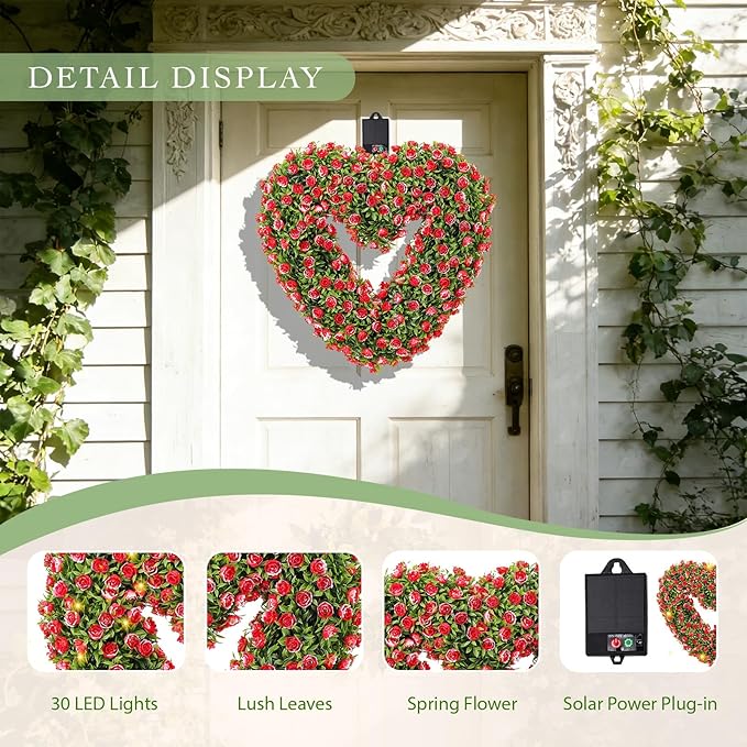 Valentine’s Day Solar Spring Wreath for Front Door 18inchWreath Pre-lit 30LED Wreaths Spring Summer Decor for Outside Aftificial Red Floral Wreaths Home Decorations Wreath