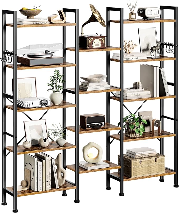 Furologee Triple 5 Tier Bookshelf, Bookcase with 14 Open Display Shelves, Wide Etagere Book Shelf, Industrial Shelving Units for Home Office, Living Room, Bedroom, Rustic Brown
