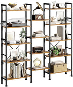 Furologee Triple 5 Tier Bookshelf, Bookcase with 14 Open Display Shelves, Wide Etagere Book Shelf, Industrial Shelving Units for Home Office, Living Room, Bedroom, Rustic Brown