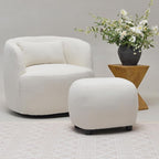 KINWELL 34" Wide Boucle Swivel Barrel Chair with 23" Ottoman Set, Fully Assembled Set of Sherpa Accent Chair and Footrest, Modern Comfy Armchair and Footstool for Living Room and Bedroom, Beige