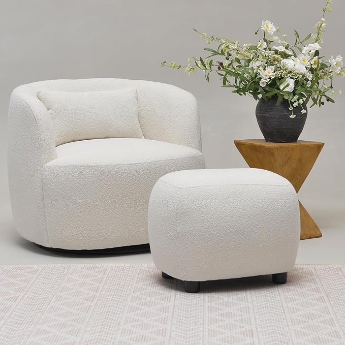 KINWELL 34" Wide Boucle Swivel Barrel Chair with 23" Ottoman Set, Fully Assembled Set of Sherpa Accent Chair and Footrest, Modern Comfy Armchair and Footstool for Living Room and Bedroom, Beige