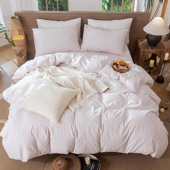 MooMee Striped Duvet Cover Set 100% Washed Cotton Linen Like Textured Breathable Durable Soft Comfy (Heathered Greyish Pink Classic Stripes, Oversized Full 82"x86")