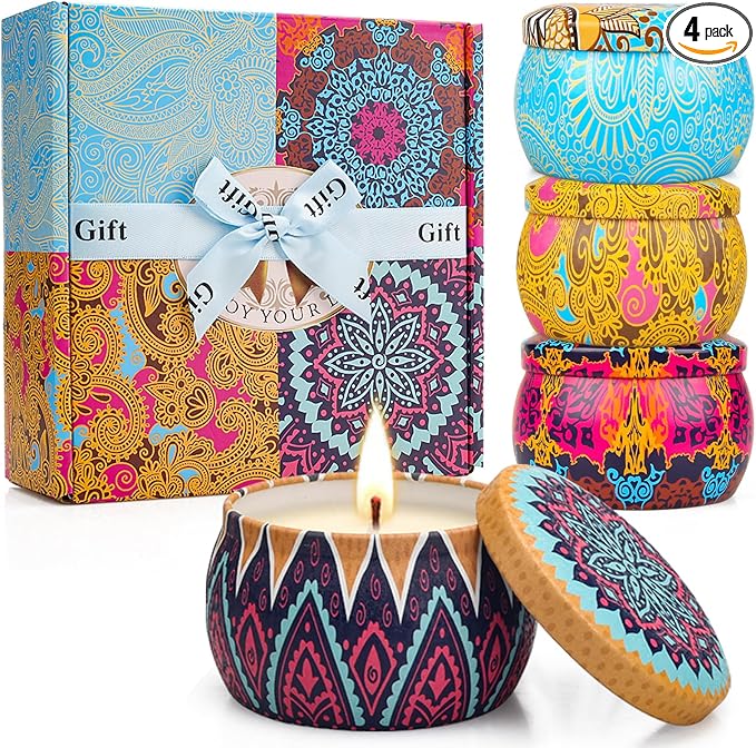 Scented Candle Gift Set - 4 Pack Long Lasting Classic Bohemian Scented Soy Wax Candles with Fig, Lemon, Spring & Lavender Scents, Aromatherapy Candles for Valentine's Day Gifts & Spring Home Décor