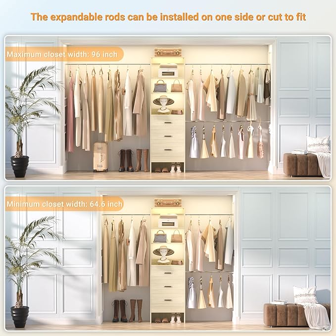 96'' Closet Organizer System with 3 Hanging Rods, 8FT Closet Organizers and Storage with 3 Wooden Drawers, Built in Closet Organizer Systems, Adjustable Walk-in Wardrobe from 2-8FT, White Oak