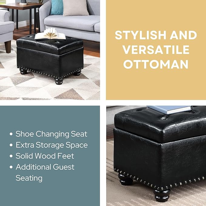 Convenience Concepts Designs4Comfort 5th Avenue Upholstered Storage Ottoman 24" - Contemporary Foot Stool and Seat with Hinged Lid for Living Room, Dining Room, Office, Den, Black Faux Leather