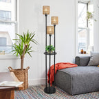 Boho Floor Lamp with Shelves, 3-Lights Farmhouse Tall Floor Lamp with ON/Off Foot Switch, Rustic Standing Lamp with Rattan Shades for Living Room Bedroom Office